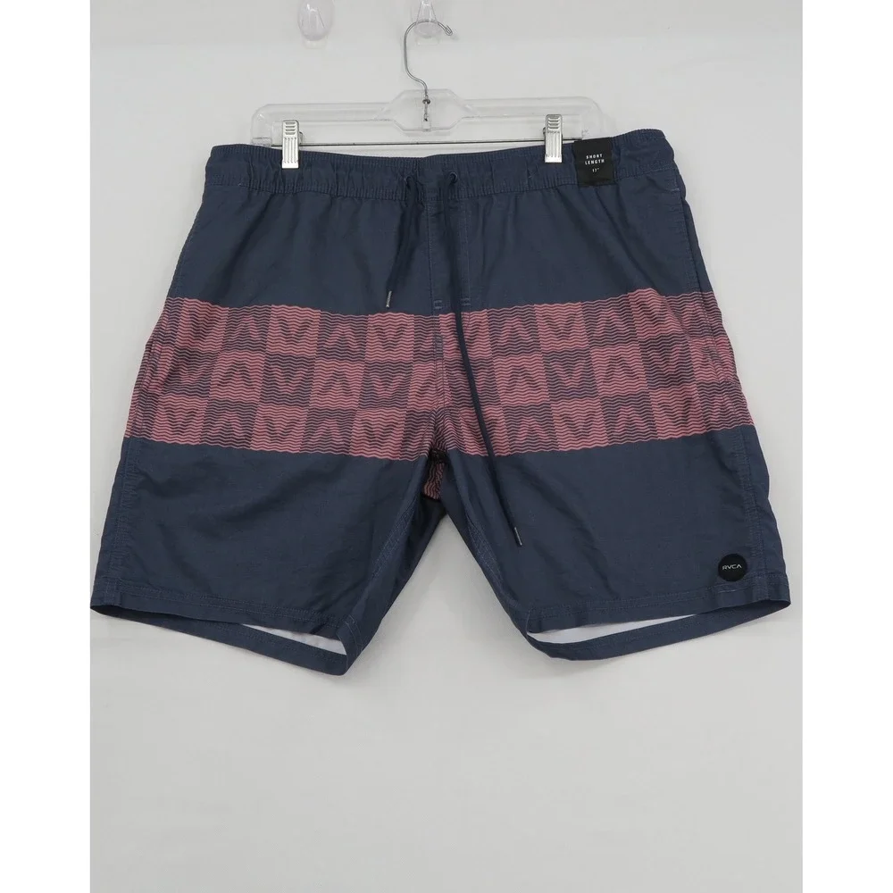 RVCA Men Navy Blue Pink Geometric Wave Boardshorts Swim Trunks XL 17 Inch Length